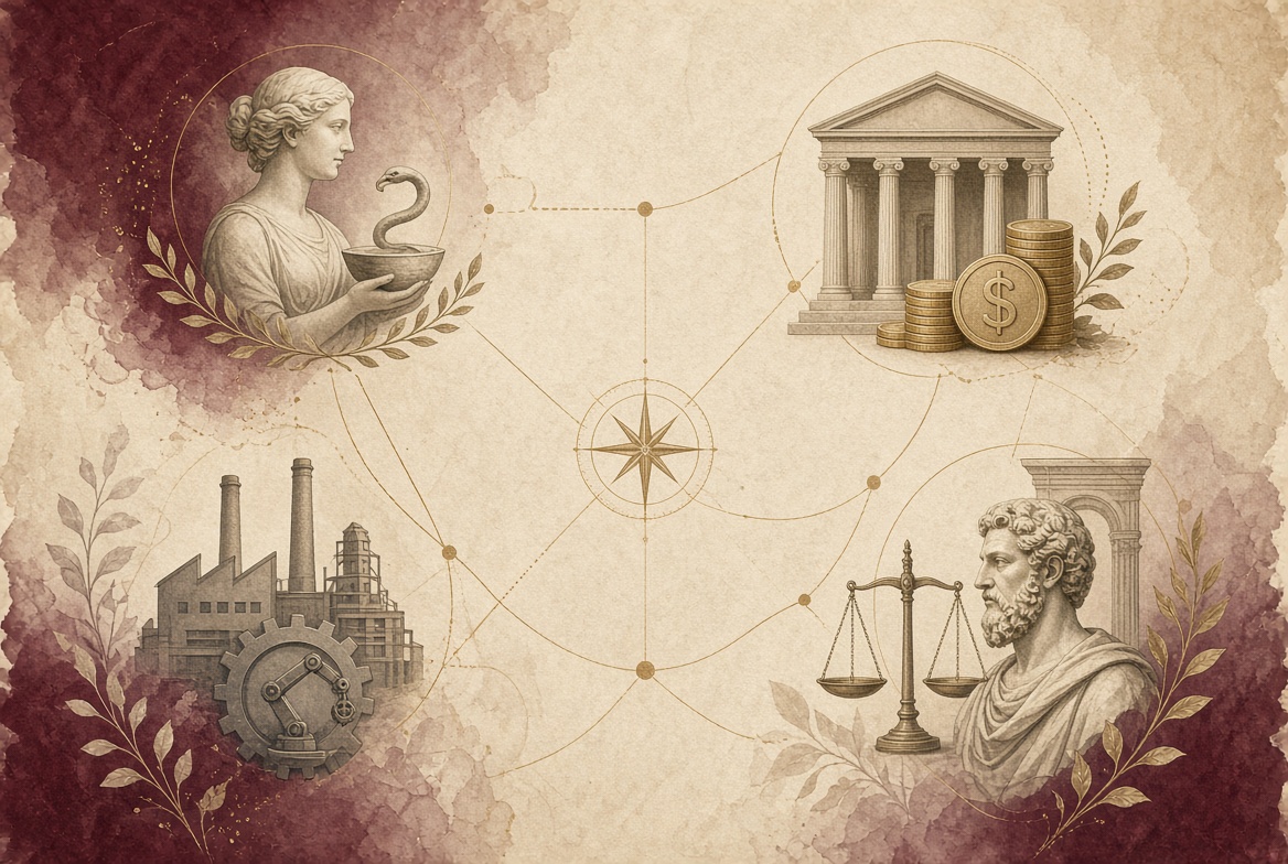 Symbols representing healthcare, finance, manufacturing, and professional services