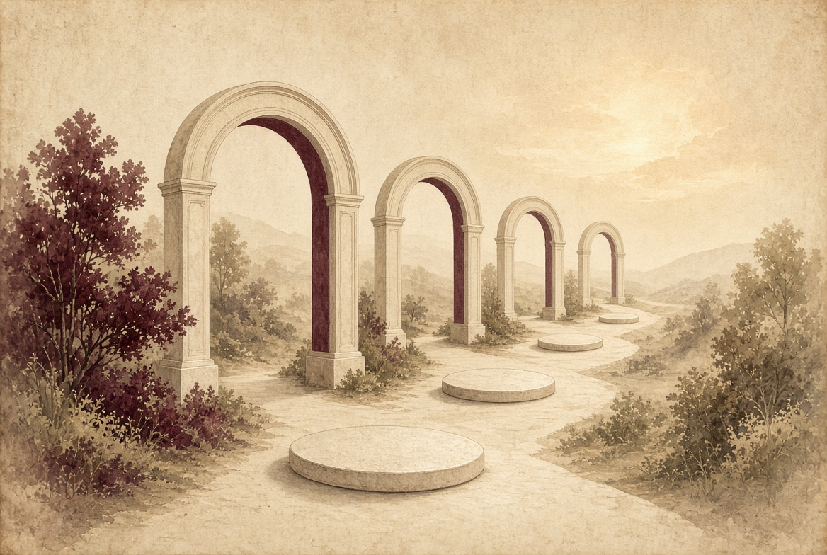 A clear path of steps and arches leading forward